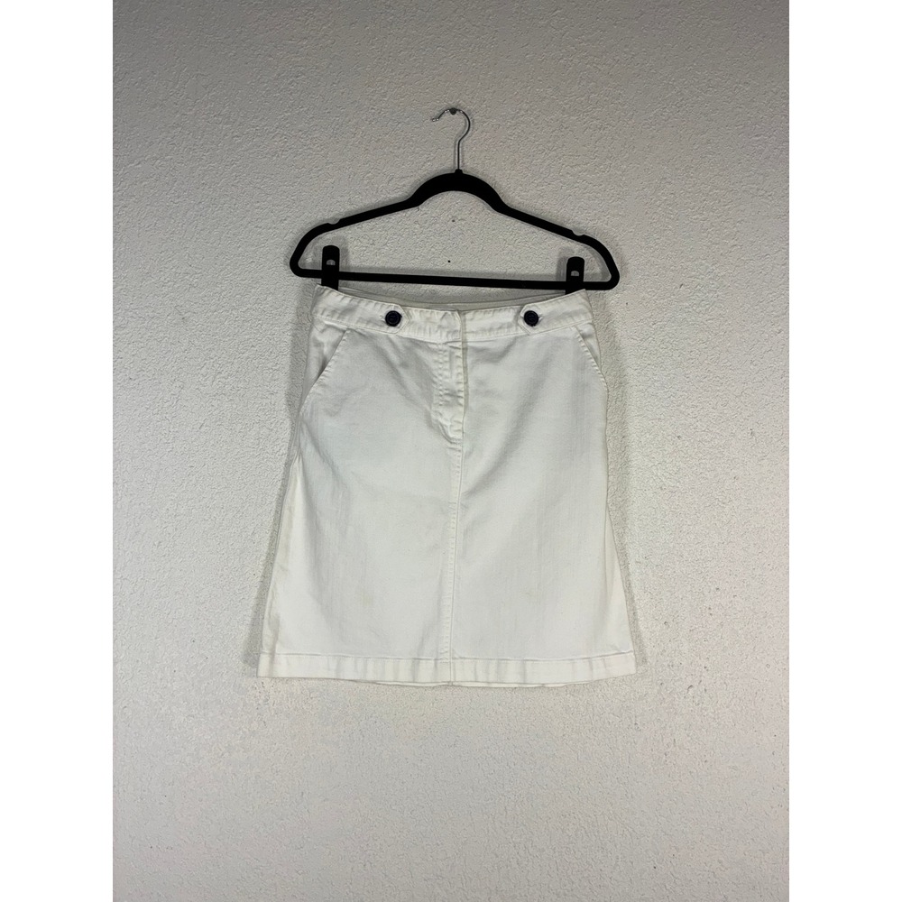 Talbots White Denim Mini Skirt Womens 6 Stretch Cotton‎ A-Line Button Tab